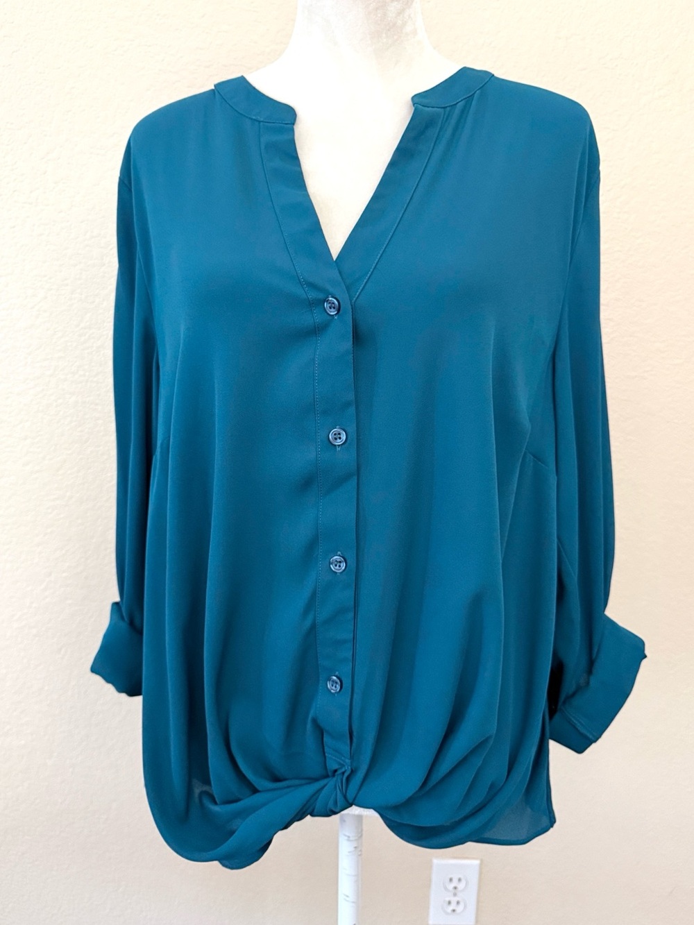 INC International Concepts Twist-Front Button-Up Blouse in Dark Teal